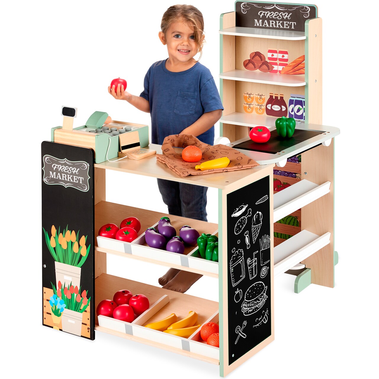 Best Choice Products Kids Pretend Play Grocery Store Wooden Supermarket Set w/ Chalkboard, Cash Register